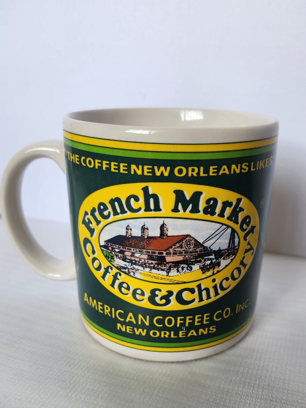 French Market Coffee Chicory Mug New Orleans American Coffee Co 1940s Label 1990